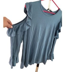 Karl  Lagerfield large slate blue long sleeve crew neck tee with cold shoulder